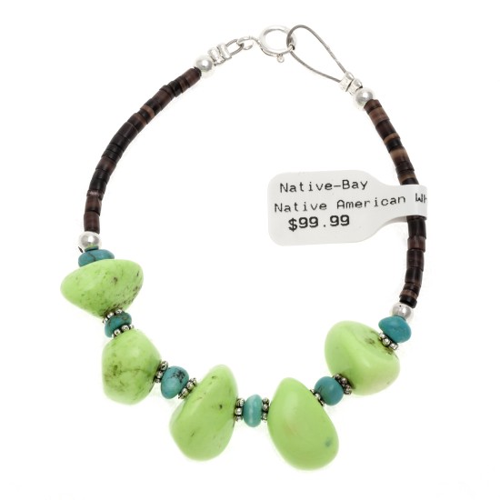 .925 Sterling Silver Certified Authentic Navajo Native American Natural Turquoise Gaspeite Link Bracelet 370991361925