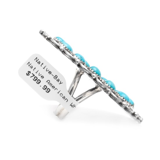Drop .925 Sterling Silver Certified Authentic Handmade Petit Point Navajo Native American Natural Turquoise Ring  17008