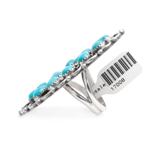 Drop .925 Sterling Silver Certified Authentic Handmade Petit Point Navajo Native American Natural Turquoise Ring  17008