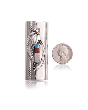 Flower Nickel .925 Sterling Silver Certified Authentic Handmade Navajo Native American Inlaid Natural Turquoise Mother of Pearl Black Onyx Coral Lighter Case 18122