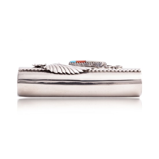 Flower Nickel .925 Sterling Silver Certified Authentic Handmade Navajo Native American Inlaid Natural Turquoise Mother of Pearl Black Onyx Coral Lighter Case 18122