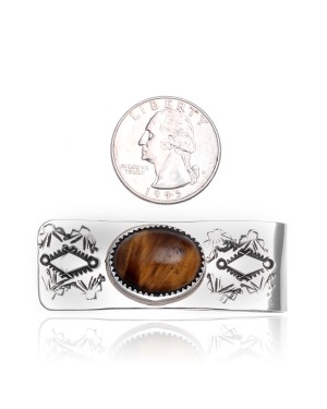Diamond Natural Tigers Eye Nickel .925 Sterling Silver Certified Authentic Navajo Native American Handmade Money Clip 10533-1