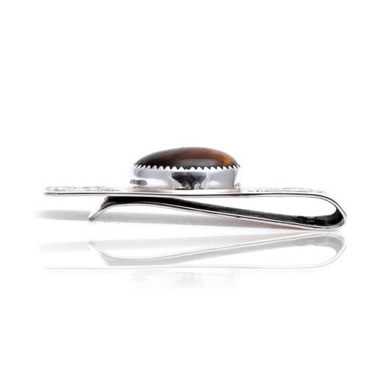 Diamond Natural Tigers Eye Nickel .925 Sterling Silver Certified Authentic Navajo Native American Handmade Money Clip 10533-1