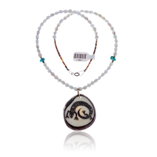 Lizard .925 Sterling Silver Certified Authentic Navajo Native American Turquoise White Howlite Necklace 11051-1 Lizard .925 Sterling Silver Certified Authentic Navajo Native American Turquoise White Howlite Necklace 11051-1