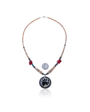 Bear Paw .925 Sterling Silver Certified Authentic Navajo Native American Natural Turquoise Coral Graduated Melon Shell Necklace 11051-2 Bear Paw .925 Sterling Silver Certified Authentic Navajo Native American Natural Turquoise Coral Graduated Melon Shell Necklace 11051-2