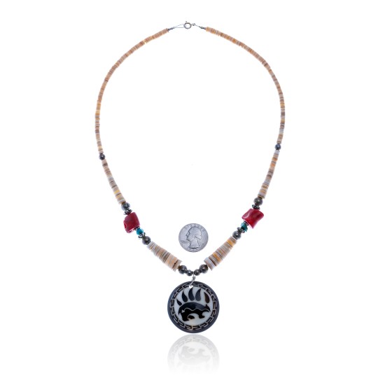 Bear Paw .925 Sterling Silver Certified Authentic Navajo Native American Natural Turquoise Coral Graduated Melon Shell Necklace 11051-2 Bear Paw .925 Sterling Silver Certified Authentic Navajo Native American Natural Turquoise Coral Graduated Melon Shell Necklace 11051-2