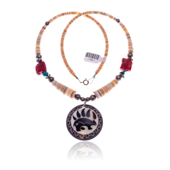 Bear Paw .925 Sterling Silver Certified Authentic Navajo Native American Natural Turquoise Coral Graduated Melon Shell Necklace 11051-2 Bear Paw .925 Sterling Silver Certified Authentic Navajo Native American Natural Turquoise Coral Graduated Melon Shell Necklace 11051-2