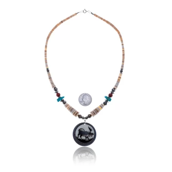 Elk .925 Sterling Silver Navajo Native American Natural Turquoise Red Jasper Graduated Melon Shell Necklace 11051 Elk .925 Sterling Silver Navajo Native American Natural Turquoise Red Jasper Graduated Melon Shell Necklace 11051