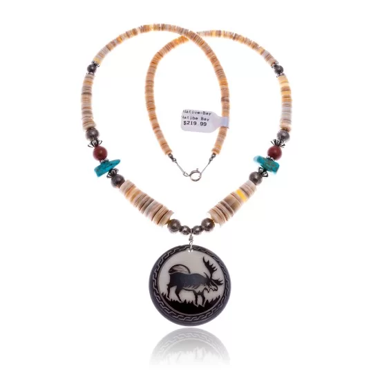 Elk .925 Sterling Silver Navajo Native American Natural Turquoise Red Jasper Graduated Melon Shell Necklace 11051 Elk .925 Sterling Silver Navajo Native American Natural Turquoise Red Jasper Graduated Melon Shell Necklace 11051