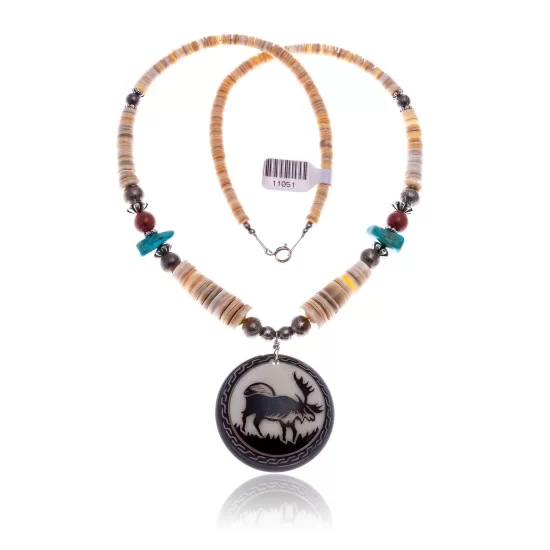 Elk .925 Sterling Silver Navajo Native American Natural Turquoise Red Jasper Graduated Melon Shell Necklace 11051 Elk .925 Sterling Silver Navajo Native American Natural Turquoise Red Jasper Graduated Melon Shell Necklace 11051