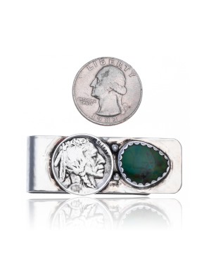  Natural Turquoise .925 Sterling Silver and Nickel Certified Authentic Navajo Native American Handmade Vintage Style Old Buffalo Coin Money Clip 11248-2