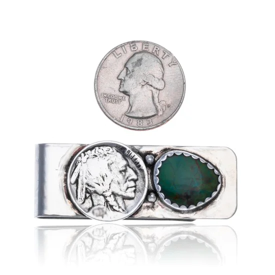 Natural Turquoise .925 Sterling Silver and Nickel Navajo Handmade Money Clip 11248-2 Natural Turquoise .925 Sterling Silver and Nickel Navajo Handmade Money Clip 11248-2