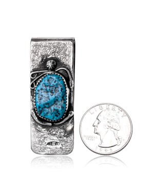 Feather Natural Turquoise .925 Sterling Silver and Nickel Certified Authentic Handmade Navajo Native American Money Clip 11271