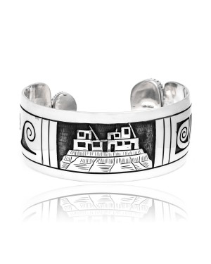 Natural Turquoise .925 Sterling Silver Certified Authentic Hopi Native American Handmade Village Wave Cloud Rain Cuff Bracelet 12413
