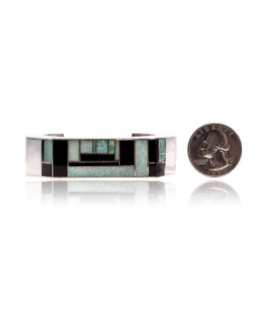 Inlay .925 Sterling Silver Certified Authentic Handmade Zuni Native American Opal and Black Onyx Cuff Bracelet 12469