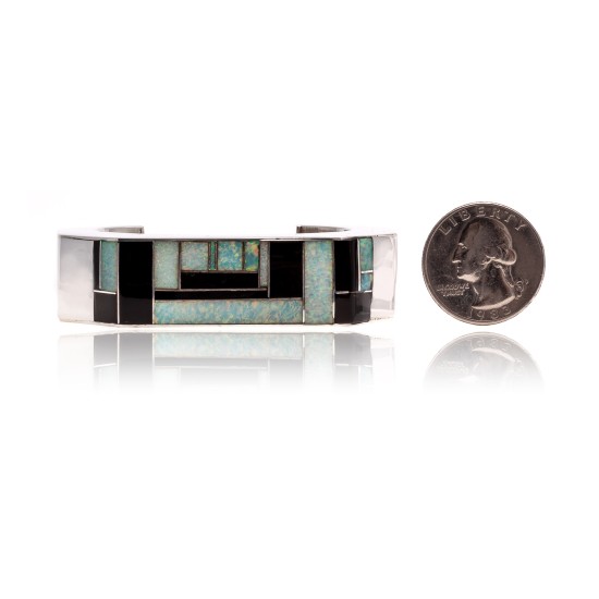 Inlay .925 Sterling Silver Certified Authentic Handmade Zuni Native American Opal and Black Onyx Cuff Bracelet 12469 Inlay .925 Sterling Silver Certified Authentic Handmade Zuni Native American Opal and Black Onyx Cuff Bracelet 12469