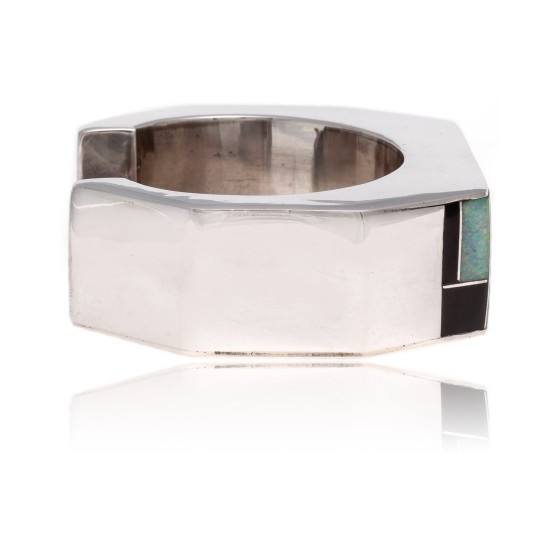 Inlay .925 Sterling Silver Certified Authentic Handmade Zuni Native American Opal and Black Onyx Cuff Bracelet 12469 Inlay .925 Sterling Silver Certified Authentic Handmade Zuni Native American Opal and Black Onyx Cuff Bracelet 12469