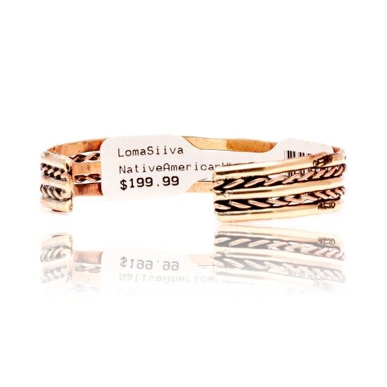 Pure Copper and Brass Certified Authentic Navajo Native American Handmade Horse Feather Cuff Bracelet 12845-6