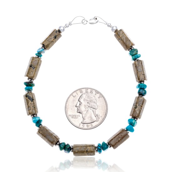 Natural Turquoise and Green Jasper .925 Sterling Silver Certified Authentic Navajo Native American Link Bracelet 12892-1