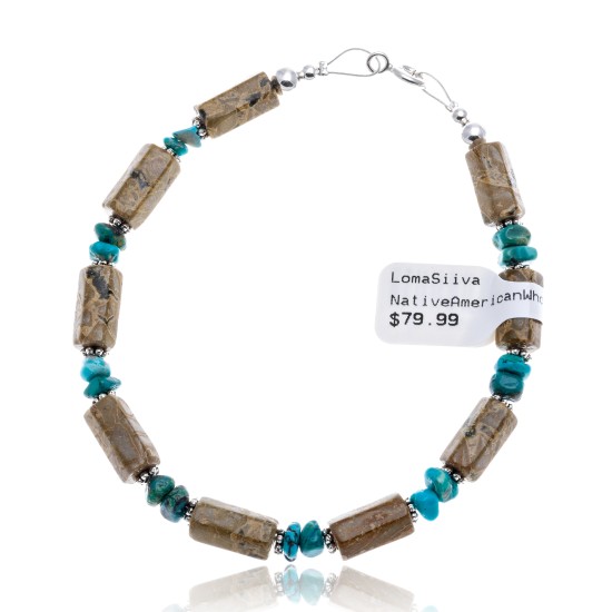 Natural Turquoise and Green Jasper .925 Sterling Silver Certified Authentic Navajo Native American Link Bracelet 12892-1