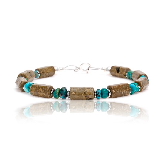 Natural Turquoise and Green Jasper .925 Sterling Silver Certified Authentic Navajo Native American Link Bracelet 12892-1