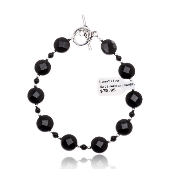 Black Onyx Nickel Certified Authentic Navajo Native American Link Bracelet 12928-2