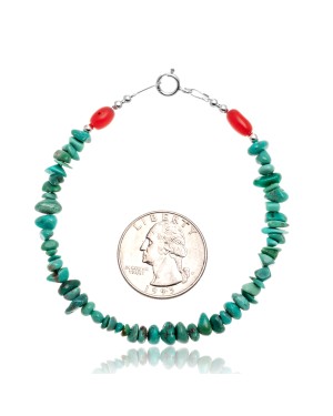 Natural Turquoise and Coral .925 Sterling Silver Certified Authentic Navajo Native American Link Bracelet 12973