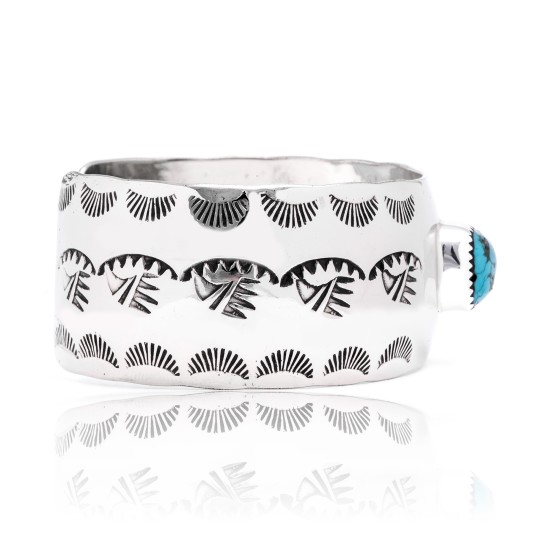 Bear Paw and Sun Natural Turquoise Nickel Certified Authentic Navajo Native American Handmade Cuff Bracelet 13026-4