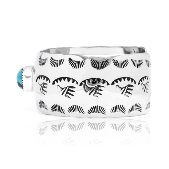 Bear Paw and Sun Natural Turquoise Nickel Certified Authentic Navajo Native American Handmade Cuff Bracelet 13026-4