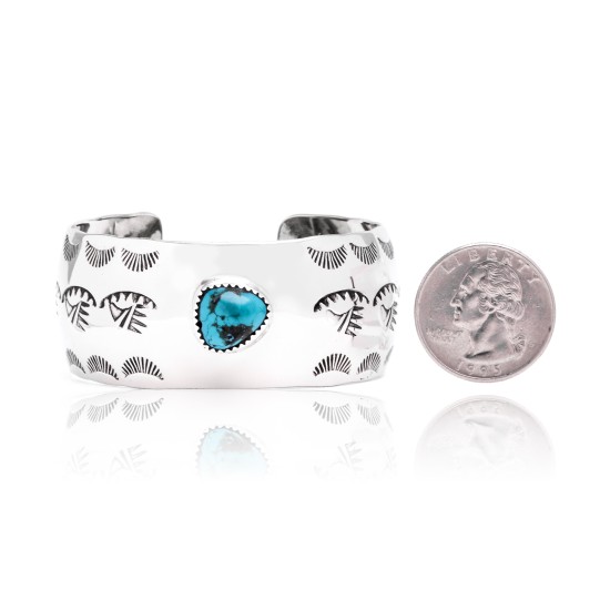 Bear Paw and Sun Natural Turquoise Nickel Certified Authentic Navajo Native American Handmade Cuff Bracelet 13026-4