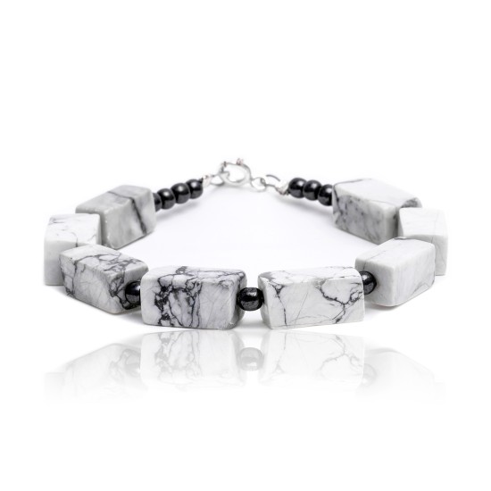 Natural Hematite and White Howlite .925 Sterling Silver Certified Authentic Navajo Native American Link Bracelet 13182