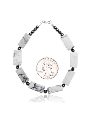 Natural Hematite and White Howlite .925 Sterling Silver Certified Authentic Navajo Native American Link Bracelet 13182