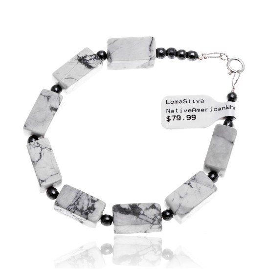 Natural Hematite and White Howlite .925 Sterling Silver Certified Authentic Navajo Native American Link Bracelet 13182