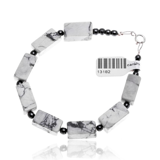 Natural Hematite and White Howlite .925 Sterling Silver Certified Authentic Navajo Native American Link Bracelet 13182