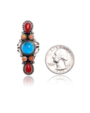 Natural Turquoise Red Spiny Oyster Orange Spiny Oyster .925 Sterling Silver Certified Authentic Navajo Native American Handmade Ring 13210-1