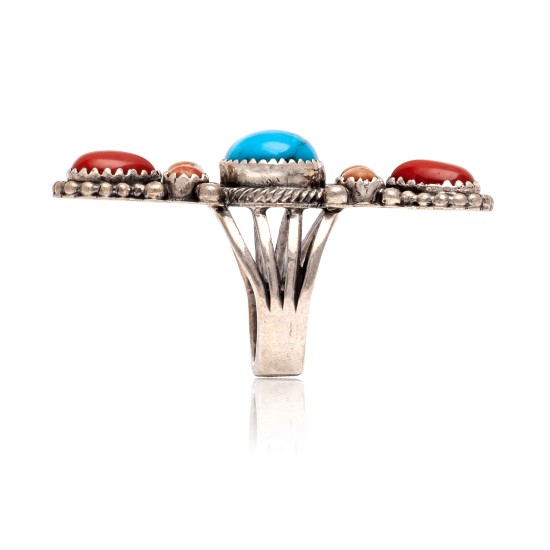 Natural Turquoise Red Spiny Oyster Orange Spiny Oyster .925 Sterling Silver Certified Authentic Navajo Native American Handmade Ring 13210-1