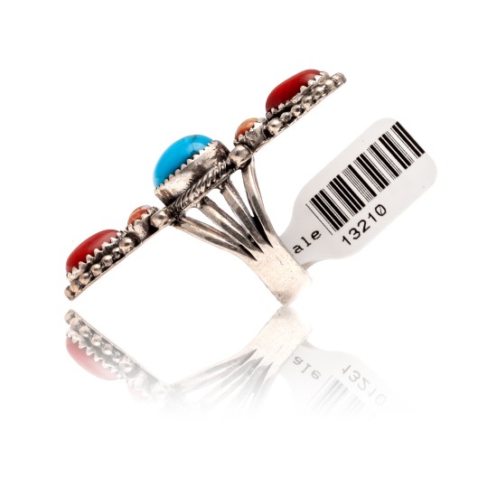 Natural Turquoise Red Spiny Oyster Orange Spiny Oyster .925 Sterling Silver Certified Authentic Navajo Native American Handmade Ring 13210-1