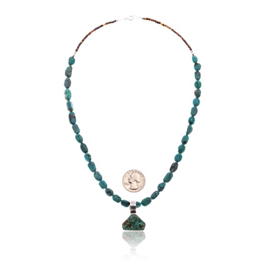.925 Sterling Silver Certified Authentic Handmade Navajo Native American Natural Turquoise Necklace and Pendant 15003-3-15338