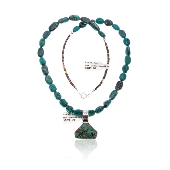 .925 Sterling Silver Certified Authentic Handmade Navajo Native American Natural Turquoise Necklace and Pendant 15003-3-15338