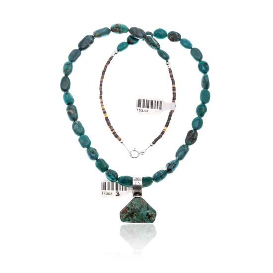 .925 Sterling Silver Certified Authentic Handmade Navajo Native American Natural Turquoise Necklace and Pendant 15003-3-15338
