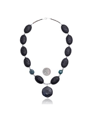 Natural Turquoise and Jasper .925 Sterling Silver Certified Authentic Navajo Native American Necklace 15409-39