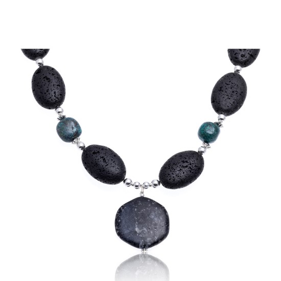 Natural Turquoise and Jasper .925 Sterling Silver Certified Authentic Navajo Native American Necklace 15409-39
