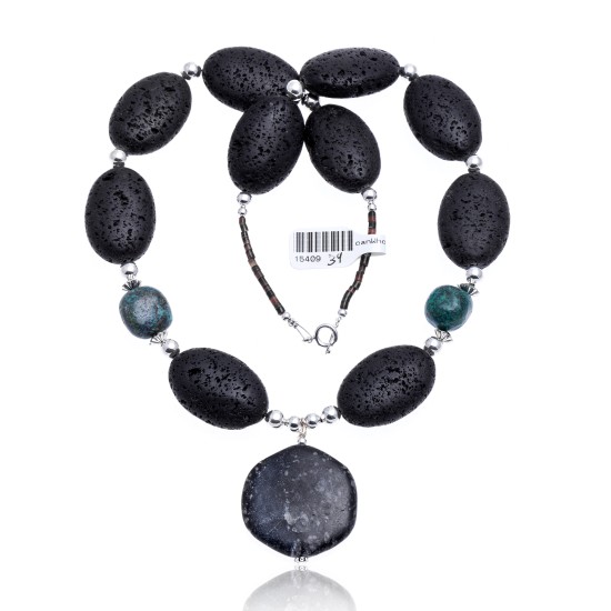 Natural Turquoise and Jasper .925 Sterling Silver Certified Authentic Navajo Native American Necklace 15409-39