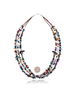 Natural Multicolor Stones .925 Sterling Silver Certified Authentic Navajo Native American Carved Fetish 3 Strand Necklace 15410-74