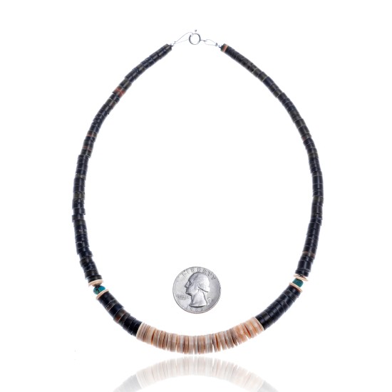 Natural Turquoise and Graduated Hishi .925 Sterling Silver Certified Authentic Navajo Native American Necklace 15804-2
