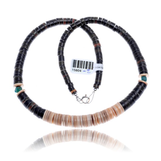 Natural Turquoise and Graduated Hishi .925 Sterling Silver Certified Authentic Navajo Native American Necklace 15804-2