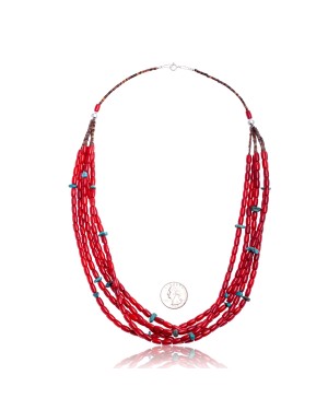 Natural Turquoise and Coral .925 Sterling Silver Certified Authentic Navajo Native American 5 Strand Necklace 15809-20