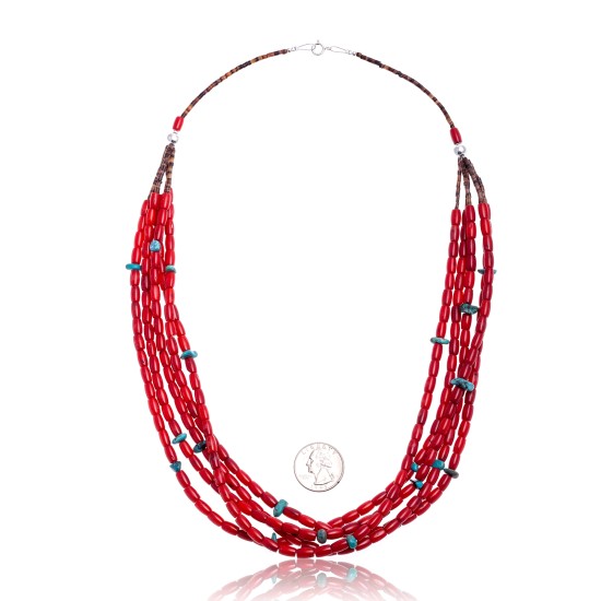 Natural Turquoise and Coral .925 Sterling Silver Certified Authentic Navajo Native American 5 Strand Necklace 15809-20