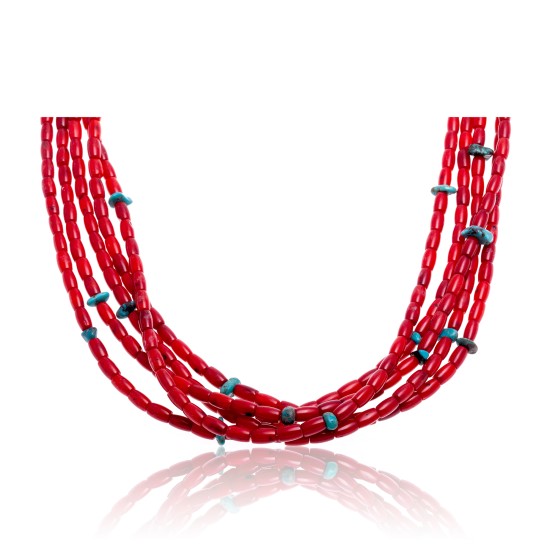 Natural Turquoise and Coral .925 Sterling Silver Certified Authentic Navajo Native American 5 Strand Necklace 15809-20