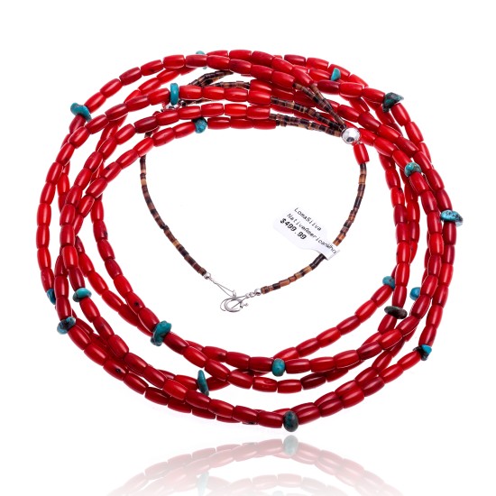 Natural Turquoise and Coral .925 Sterling Silver Certified Authentic Navajo Native American 5 Strand Necklace 15809-20